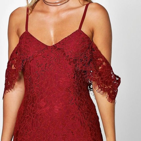 Boohoo Lace Open Shoulder Midi Dress Red Burgundy Sz 4 - Picture 3 of 11